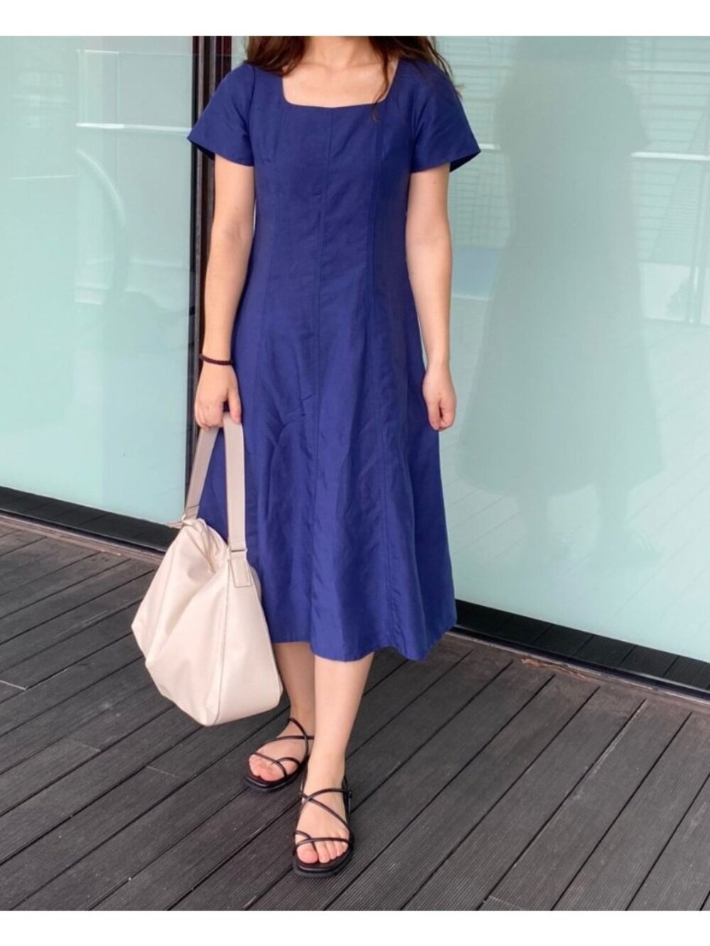 Uniqlo Linen Blend Square Neck Short Sleeve Dress Size S Blue - Picture 1 of 6